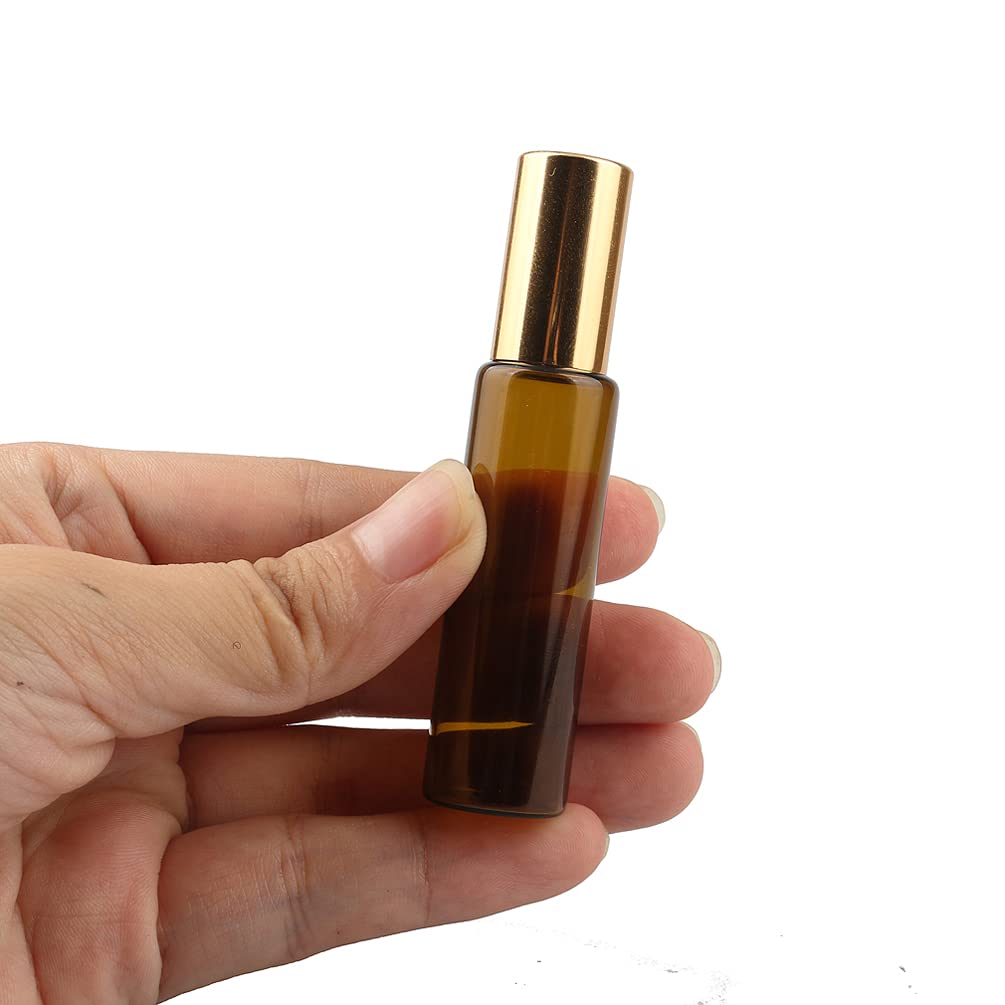 Lot de 20, Flacons à Bille pour Huiles Essentielles 10ml – Bouteilles Roll On en Verre Marron Ambre avec Or Bouchon à Vis avec 1x décapsuleur 1x entonnoir 1x pipette