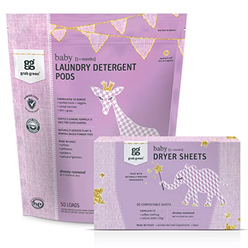 Image of Grab Green Baby Laundry Detergent Pods and Dryer Sheets Bundle, 50 Count Pods and 80 Dryer Sheets, Dreamy Rosewood Scent, Plant and Mineral Based Laundry Care Set