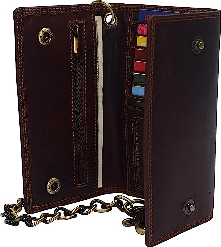 Personalized Bikers RFID Safe Cow Vintage Leather Brown Long Checkbook Trifold Chain Wallet for Men4