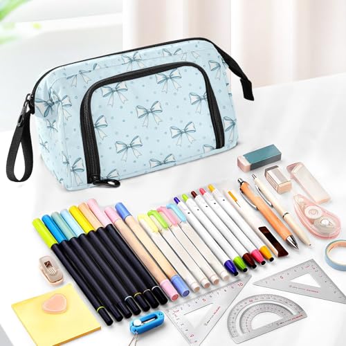 Image of Blue Ribbon Bow Pencil Case Pouch Big Capacity Pencil Bag Box Organizer Pen Case with Handle Stationery Organizer for Kids Boys Girls College