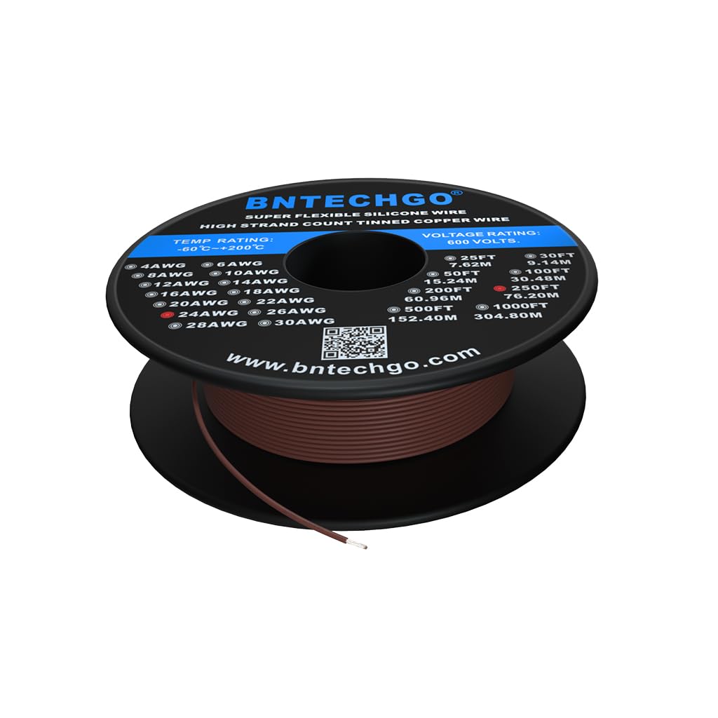 BNTECHGO 24 Gauge Silicone Electric Wire Spool 250 ft Brown Flexible 24 AWG Stranded Tinned Copper Wire — image 1