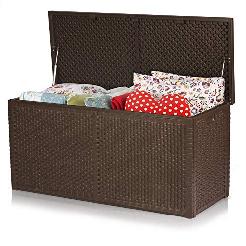 R.G. Gartenbox Auflagenbox 270L 300L Kunststoff Sitzbank Gartenaufbewahrung Aufbewahrungsbox Aufbewahrungskiste Kissenbox Gerätetruhe Kiste Box Braun Schwarz Weiß (Braun 300L) – Bild 5