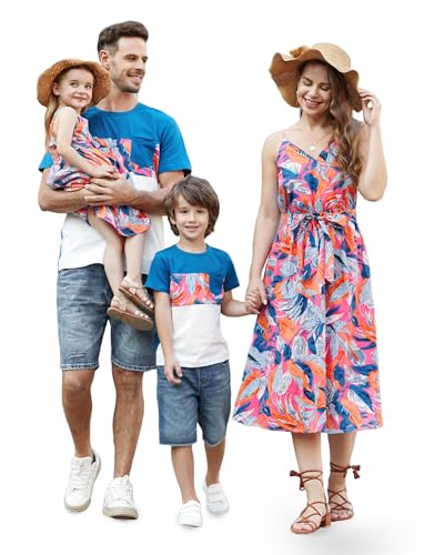 Image of PATPAT Family Matching Outfits Mommy and Me Dresses Hawaiian Tropical Vacation Beach Spaghetti Strap Dress and Shirt