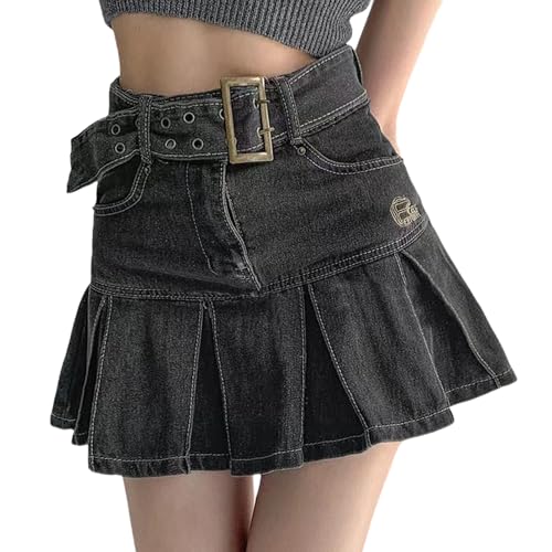 tinetill Y2K Jupe en Jean pour Femme Jupe Plissée Mini Jupe Taille Haute Jean A-Line Jupe en Jean Jupe D'été Vintage Jupes Courtes en Jean Casual Club Cargo...