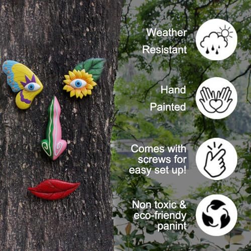 Décor de visages d'arbre en résine imperméable et art coloré de jardin facile à installer