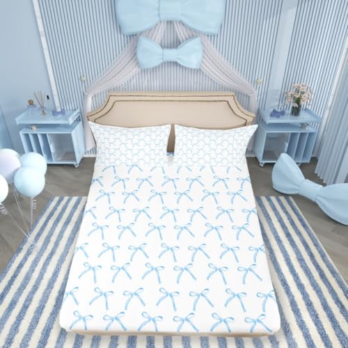 Manfei Cartoon Bowknot Kids Fitted Sheet Twin Size,Bow Tie Knot Geometric Patchwork Fashion Bedding Set,Girls Women Room Decor,Hand-Painted Sketch Blue Noble Bed Sheet,1 Pillowcase(No Flat)