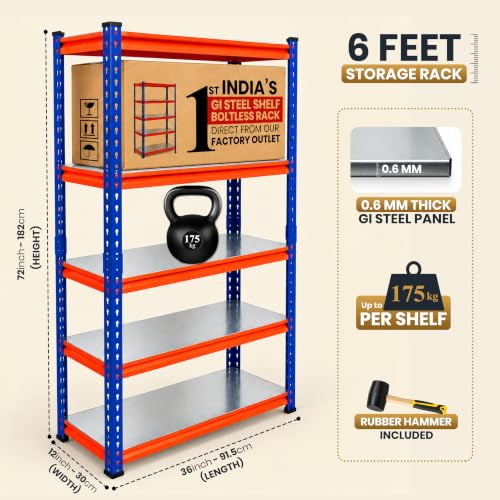 Image of JD FRESH 5 Tier Multipurpose Metal Storage Rack /GI Steel Shelf Boltless Rack with Stiffener /72x36x12 inch Adjustable Standing Shelves Unit /175kg Load Per Shelf /Storage Rack for Shop(Blue&Orange)