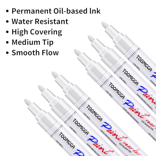 White Paint Pens Permanent Paint Markers - 6 Pack Oil Based Marking Pens, Medium Point, Quick Drying and Waterproof Pens for Rock Painting Car Tyre Metal, Plastic, Canvas, Wood