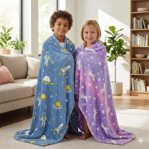 Image of TONY STARK Big Size Unicorn Glow in The Dark Blanket for Kids, 0-15 Years |200x152 Cm| Soft Flannel Fleece Throw, Cozy & Warm All-Season Radium Blanket (Astronaut & Purple Star)