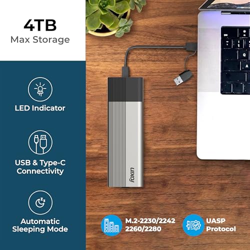 Image of Foxin N1 Express M2 /M.2 NVMe / SATA SSD Enclosure Case with USB 3.2, 10Gbps & PCIe NVMe Reader, Supports M /B&M Keys, 2230 /2242 /2260 /2280 SSDs, UASP Max 4TB Aluminium Case with Type-C & USB