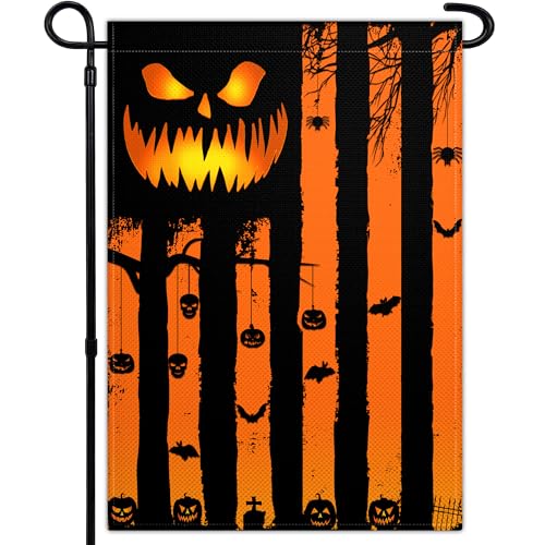 Halloween Garden Flag for Outside 12×18 Inch Double Sided Scary Pumpkin Garden Flag Skeleton American Flag for Indoor House Outdoor Yard Holiday Decor