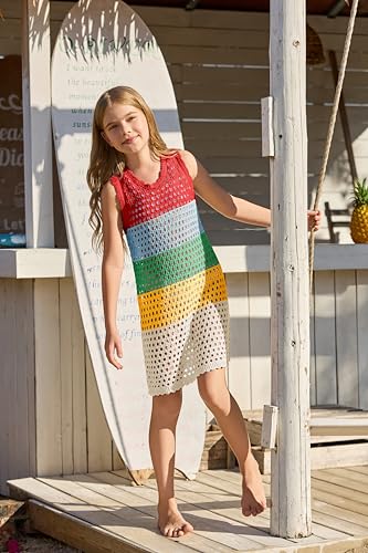 Image of Haloumoning Girls Color Block Crochet Knit Swim Cover up Kids Summer Sleeveless Beach Dress 5-14 Years