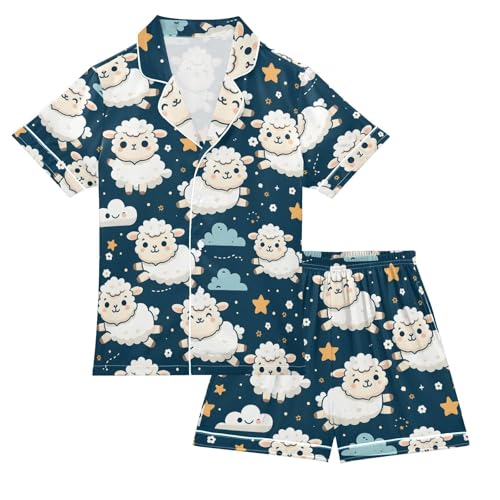 ALAZA Sheep Jumping Star Pajamas Satin Pajama Set Short Sleeve Button Down Sleepwear