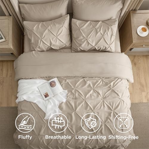 Image of Bedsure Oversized Queen Comforter Set Beige - Bed in a Bag Bedding Set 7 Pieces, GentleSoft Pintuck Bed Set Gift for Family, All Season Down Alternative Comforter with Sheets, Pillowcases & Shams