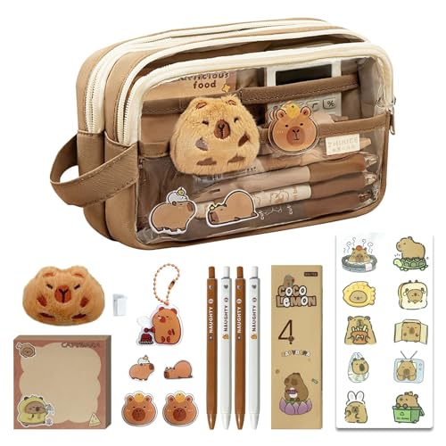 Pmueuff Estuche Capybara, Estuche de Capibara Set con 4 Bolígrafos Capybara, Peluche Capybara y Artículos Capibara Estuche Kawaii Capybara Estético para Oficina Escuela Estudiantes Niños