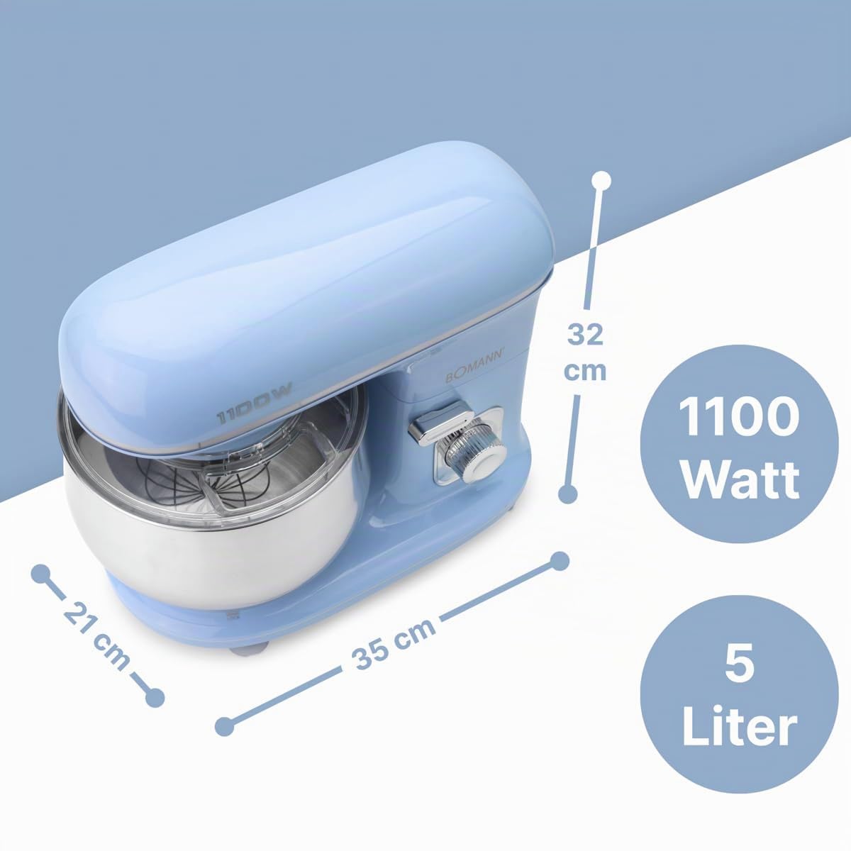 Bomann® Küchenmaschine 1100 Watt | Knetmaschine 5L | inkl. Knethaken, Rührhaken und Schneebsen | für bis zu 3 kg Teig | robustes Spezialgetriebe | Food Processor | Teigmaschine KM 6030 CB blau