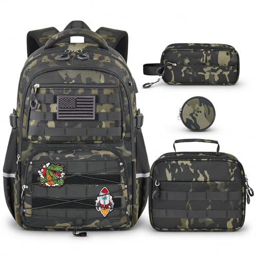 Jabijeo Boys Backpack with Lunch Box 4 PCS Black Camo Large Capacity Elementary School Backpack | Back to School Bookbag for Kids Boys & Teens