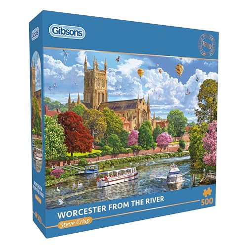 Image of Gibsons Worcester from the River 500 Piece Jigsaw Puzzle for Adults - River Cruise, Nature & Architecture Scene Artwork by Steve Crisp, Premium Sustainable Puzzle Made in the UK/EU - Great Gift