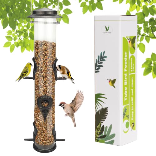 MIXXIDEA 1PK Metal Wild Bird Feeder,Squirrel Proof Bird Feeders for Outside,Hanging 6 Port Tube Bird Feeder Transparent Finch Bird Feeder for Attracting Birds in Your Lawn, Garden, Balcony – Coffee
