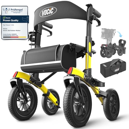 VOCIC All Terrain Rollator Walker, Foldable Outdoor Rollator with Seat Mobility Walker for Senior, Carry Bag, Brakes, 30cm/ 12'' Wheel Rubber Large Tyre, Suitable Travel, 5 Year Support