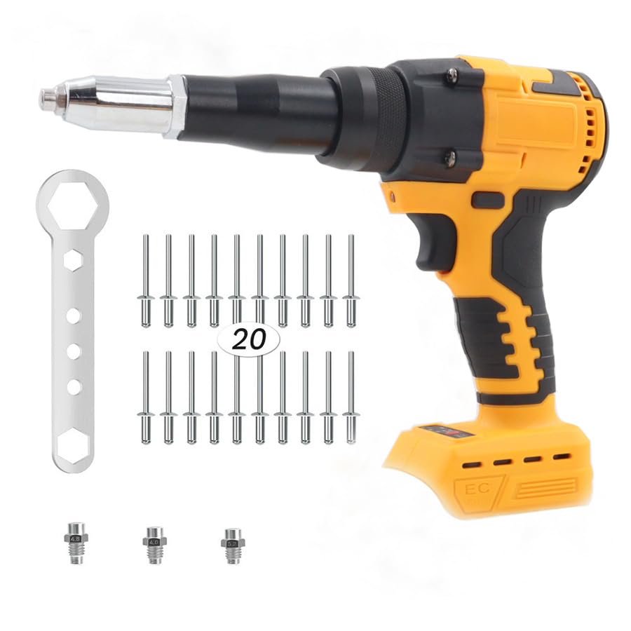 Pistola remachadora a batería compatible con Dewalt 20V batería, Tuerca de remache sin escobillas con luz LED, 20 remaches, 3 adaptadores y llave inglesa, Remachadora electrica portátil (sin batería)