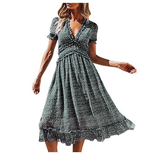 PMDKLSPQ Mini vestido negro con encaje floral de manga corta con cuello en V vestido de verano estampado casual vestido de mujer vestidos de pañales, verde, XL