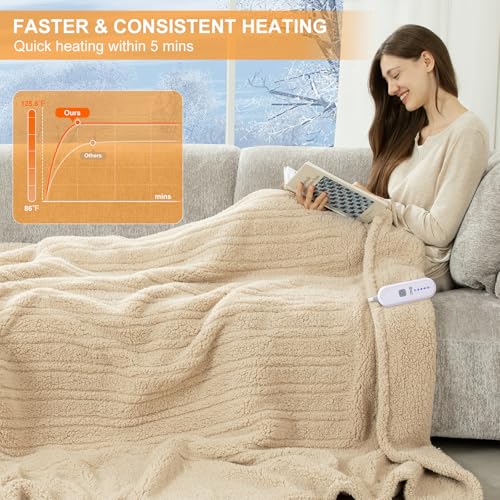 Electric Blanket Twin 62"X84"- Soft Double Sided Sherpa Heated Blanket Twin with 5 Heatings Levels & 10 hrs Auto Shut Off, Fast Heating & ETL Certified, Gift for Women(Beige)