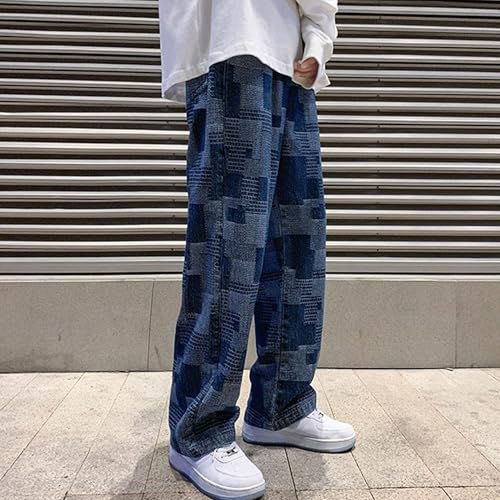 Baggy Jeans for Men Patchwork Wide Leg Denim Pants Y2K Streetwear Checkerboard Style Casual Look2