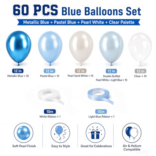 Image of Blue Balloons, 60Pcs Pearl White and Blue Balloon, 12 Inch Latex Double Stuff Pearl Blue Balloons for Boy Baby Shower Birthday Party Gender Reveal Wedding Anniversary Graduation Party Decorations