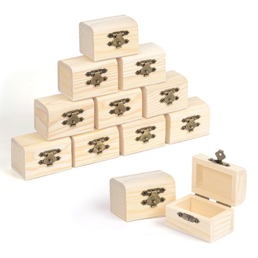 Elantoexis Shore Small Wooden Box with Hinged Lid (Pack of 12) - Treasure Chest Small Made of Untreated Pine Wood for Part&Gifts