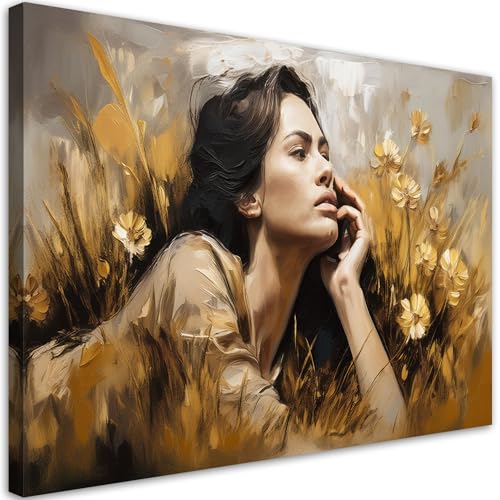 Feeby Impression sur toile intissee - Femme allongée sur une prairie Fleurs or - decoration chambre - 60x40 cm - decoration murale - decoration maison - Moderne - ART -...
