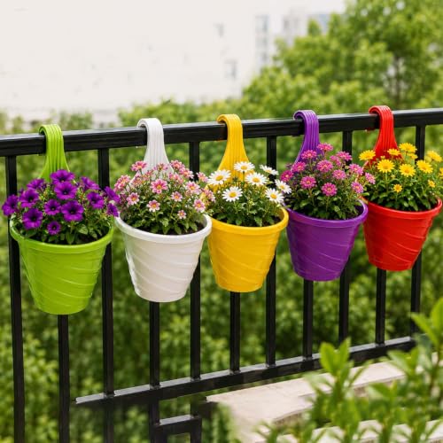 Image of Amazon Brand - Umi Hanging Planter Pots for Railing Pack of 5 | Plastic Twister Hook Flower Pots for Fence, Grill & Balcony (Multicolor, 15x8x19cm) Decorative Planters for Home Garden Decor