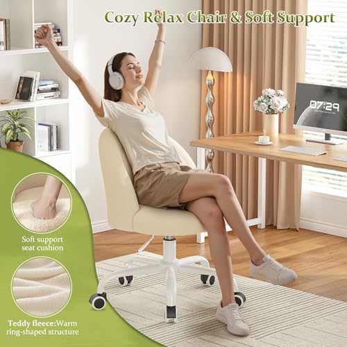 Image of DurayLoly Vanity Chair with Back, Cute Desk Chair with Wheels, Armless Chair with Height Adjustable &360 Swivel, Soft Lumbar Support for Small Space, Bedroom, Light Yellow