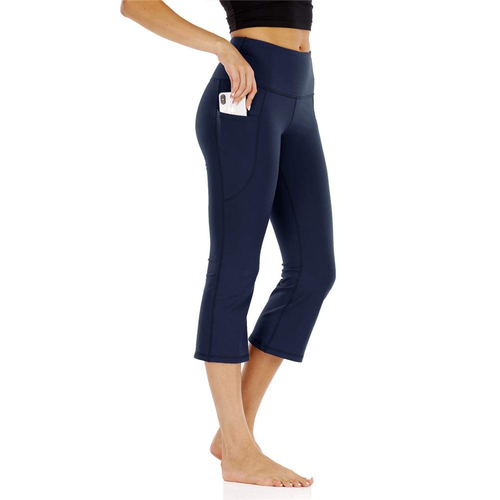 fitness legginsy damskie, Wysoka talia Bootcut Yoga Capris Crop Spodnie Kieszenie Tummy Control Workout Running Casual 3/4 Bootleg Proste Spodnie Flare rozciągliwe sportowe legginsy do jogi (Color :