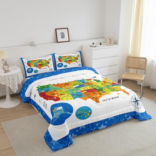 Image of US Geography Comforter Full Size, Geography USA Map Comforter Set for Kids Boys Girls Teens Learning Educational Bedding Set Educational Map Duvet Set Durable Bed Set 3Pcs
