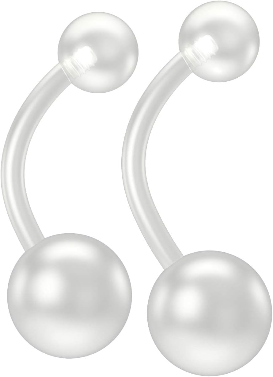 2pc 14g Flexible Belly Button Retainer Ring Clear Flexible Bioflex Bar Set 5mm & 8mm Ball - 10mm 12mm Lengths