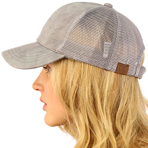 CC Everyday Mesh Trucker Faux Leather Plain Blank Baseball Cap Hat Solid Lt. Gray
