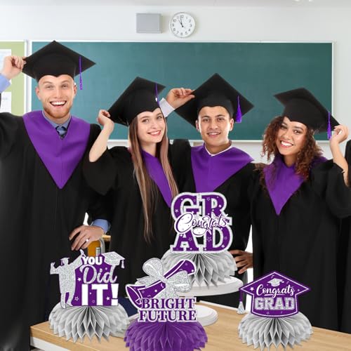Image of 12pcs Graduation Table Decorations 2026, Purple Graduation Decorations 2026 Purple and Silver Graduation Centerpieces for Tables,Class of 2026 Centerpieces Honeycomb for Congrats Grad Table Decor