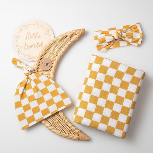 Image of Miaoberry 100% Organic Muslin Swaddle Set| Checkered in Mustard|Newborn Hospital Receiving Blanket Gender Neutral for Baby Girl n Boy