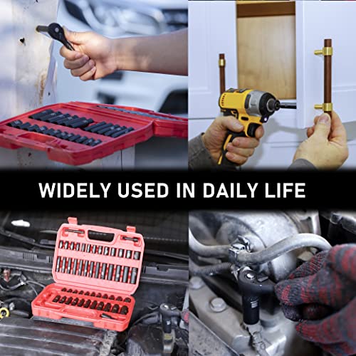 Llndei 1/4”Drive Impact Socket Set, 52 Pcs Mechanic Tool Set With 72-Tooth Ratchet & Adapter, Cr-V, Metric And Sae Sockets With Storage Tool Kit For Household & Automotive Repair & Diy Project #TOP6