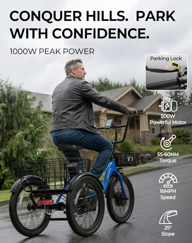 Image of Skeri Ebike Electric Trike, Peak 1000W Electric Tricycle for Adults, 20 inch Folding 3-Wheel Electric Bike, Step-Thru E Trike with 624WH Removable Battery and Large Basket