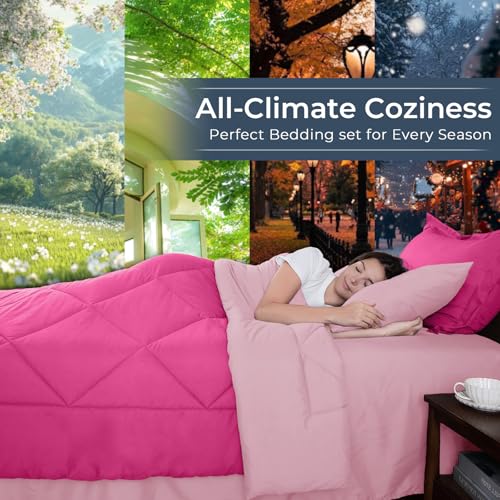HEVUMYI Hot Pink & Baby Pink Queen Comforter Set - 7-Piece All Season Bed in a Bag Queen, Ultra Soft Bedding Set with Comforter, Flat Sheet, Fitted Sheet, Pillowcases, Pillow Shams