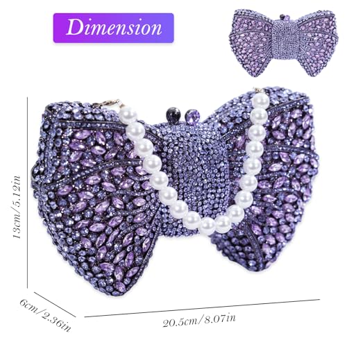 Image of Handmade Inlay Rhinestone Bow Clutch Bag for Women, Sparkling Evening Party Wedding Purse with Detachable Pearl Chain