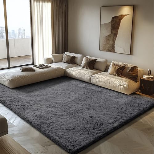 Ultra Soft Fluffy Area Rugs for Bedroom Living Room 10x14, Nursery Rug, Non-Slip Carpet for Kids Dorms Decor, Shaggy Bedside Rug, Deep Grey