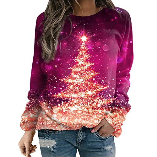 Auifor Sweatshirt Damen Weihnachten Casual Rundhals Christmas Pullover Lustig Weihnachtspulli Glitzer Weihnachts Zwergen Print Hoodie Xmas Pulli Weihnachts Shirt Oberteile(Hot Pink,M) Cover