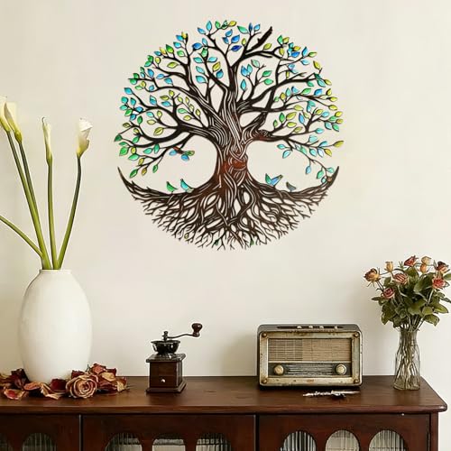 YIYA Metal Tree of Life Wall Decor 12.8 Colorful Tree of Life Wall Art with Birds Rustic Iron Wall Sculpture for Living Room Bedroom Bathroom Boho Home Decor Housewarming GiftGreen