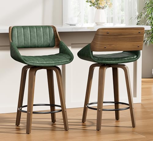 Image of YaFiti Bar Stools Set of 2, 26 inch Swivel Counter Height Barstools with Bentwood Back and Legs, Mid Century Modern Upholstered Faux Leather Counter Stools for Kitchen Island, Dining Room, Green