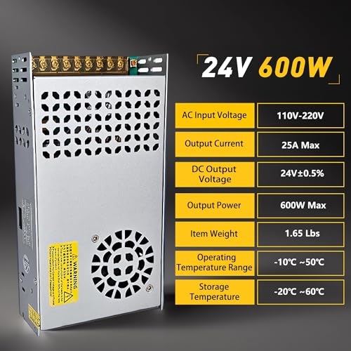 24V 25A 600W AC to DC Converter - 110V/120V to 24V Transformer LED Driver with Smart Cooling Fan for LED Strip, CCTV, and Car Devices3