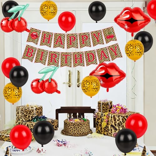 Image of Cheetah Cherry Birthday Decorations Leopard Happy Birthday Banner with Cherry Red Lips Cheetah Print Red Black Balloons for Girls Women Birthday Party Decor Supplies