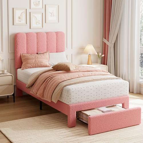 GarveeHome Twin Bed Frame with Under-Bed Drawer, Upholstered Platform Bed with Wave Headboard for Kids/Girls, Wooden Slats Support, No Box Spring Needed, Boucle Pink